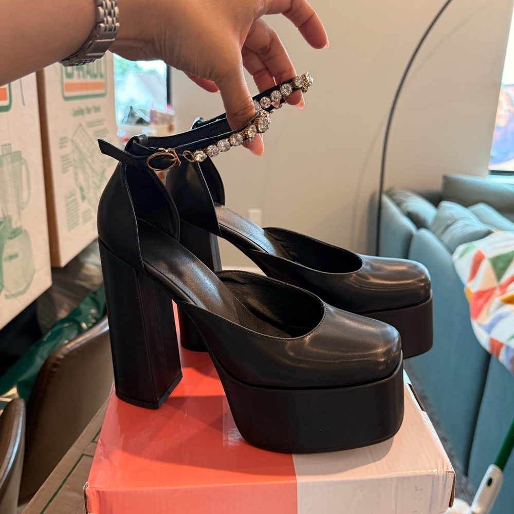 Black Platform Heels with Rhinestone Strap